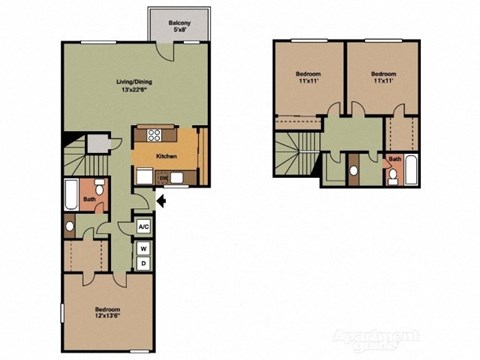 Floor plan for 3 beds, 2 baths, 1398 sqft